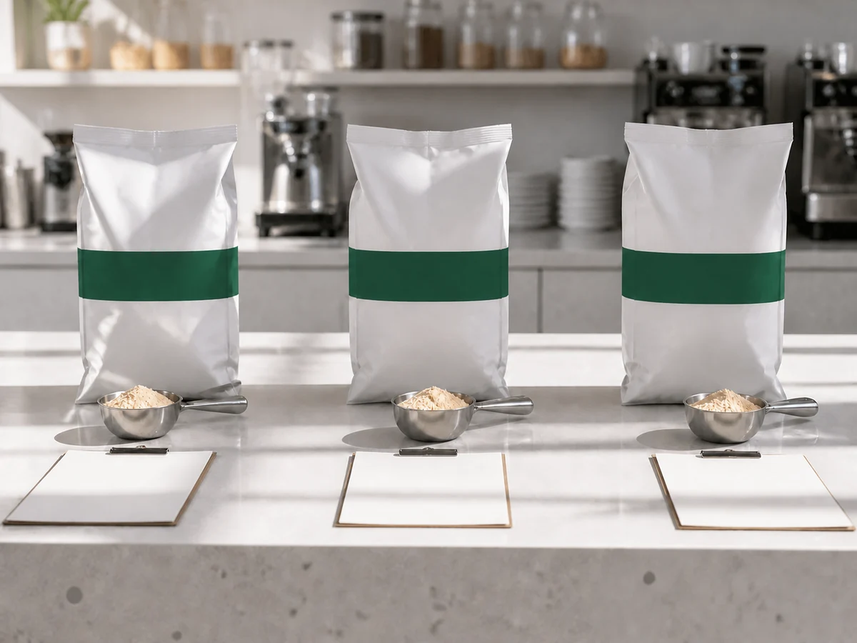 Illustrative image of one powder ingredient standard repeated across three preparation stations