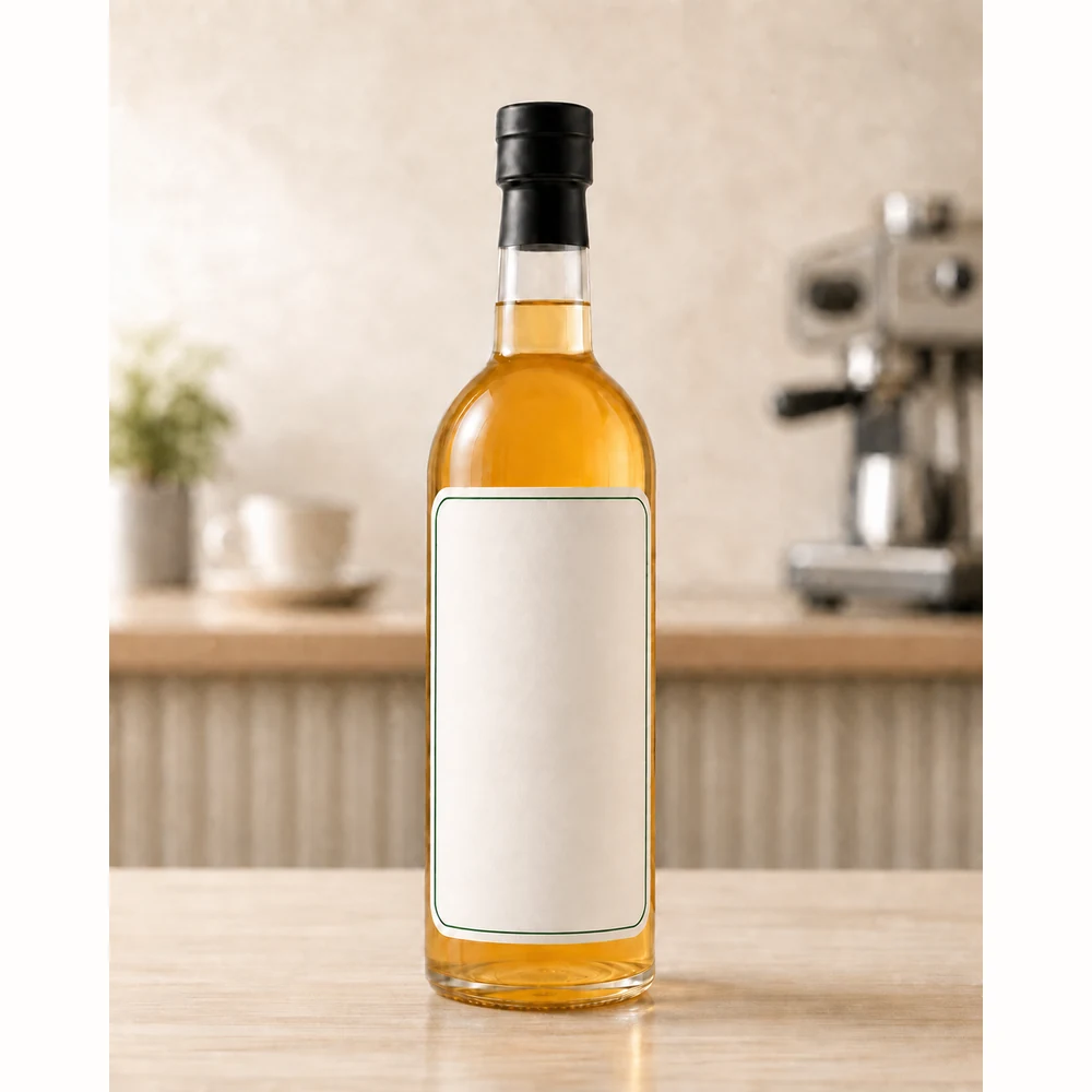 Illustrative blank-label private-label syrup bottle with a premium long-neck proportion