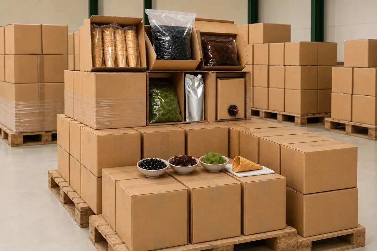 Commercial cartons with foodservice packs, tapioca pearls, jellies, and cones