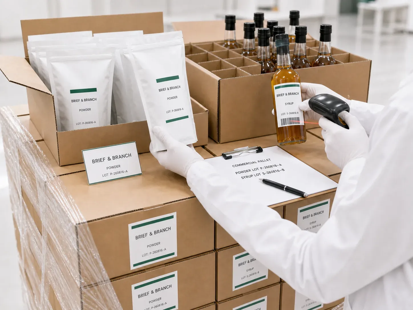 Reviewer scanning syrup and checking powder packaging on a commercial pallet