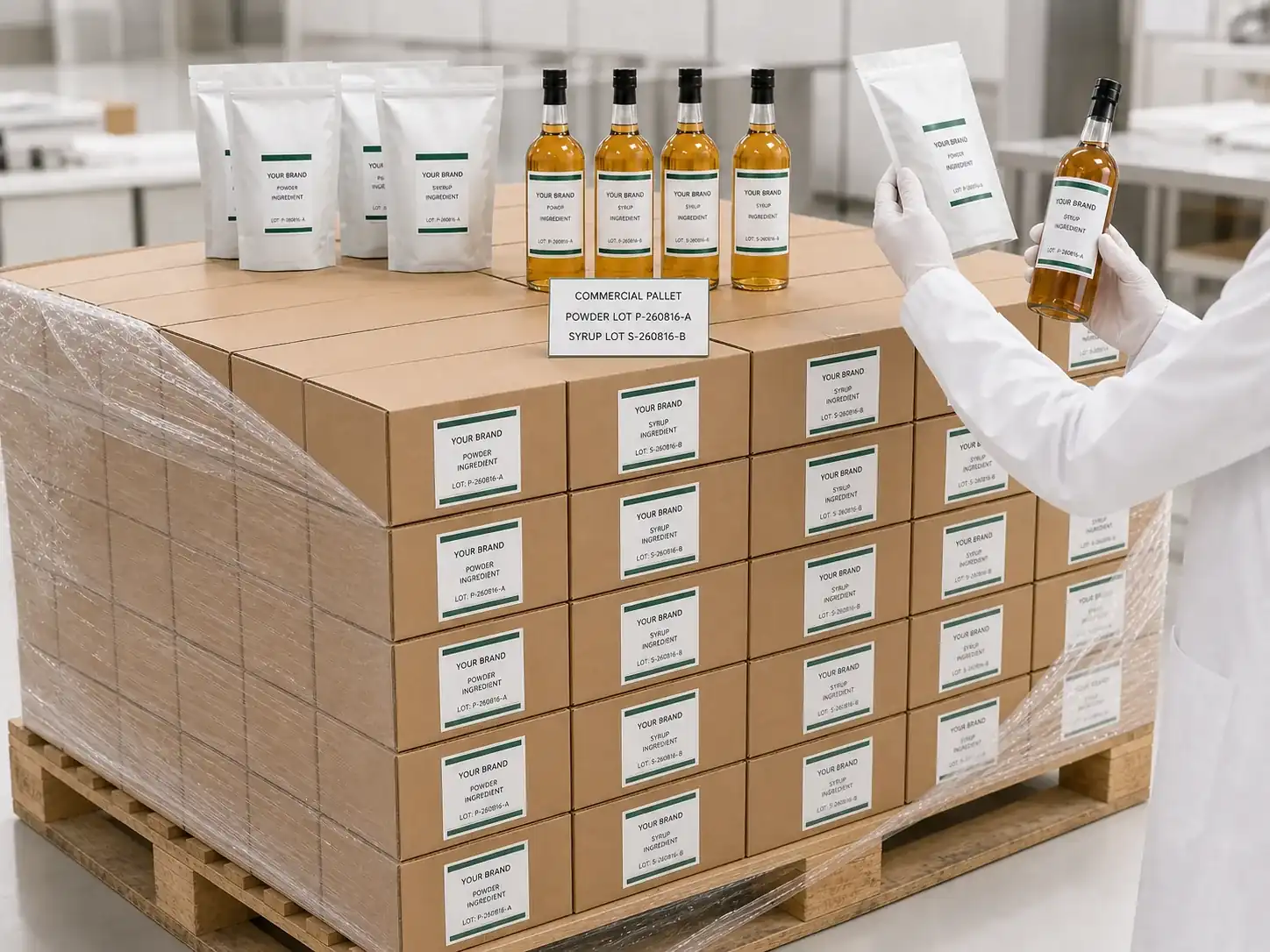 Reviewer inspecting powder pouches and syrup bottles on a commercial pallet