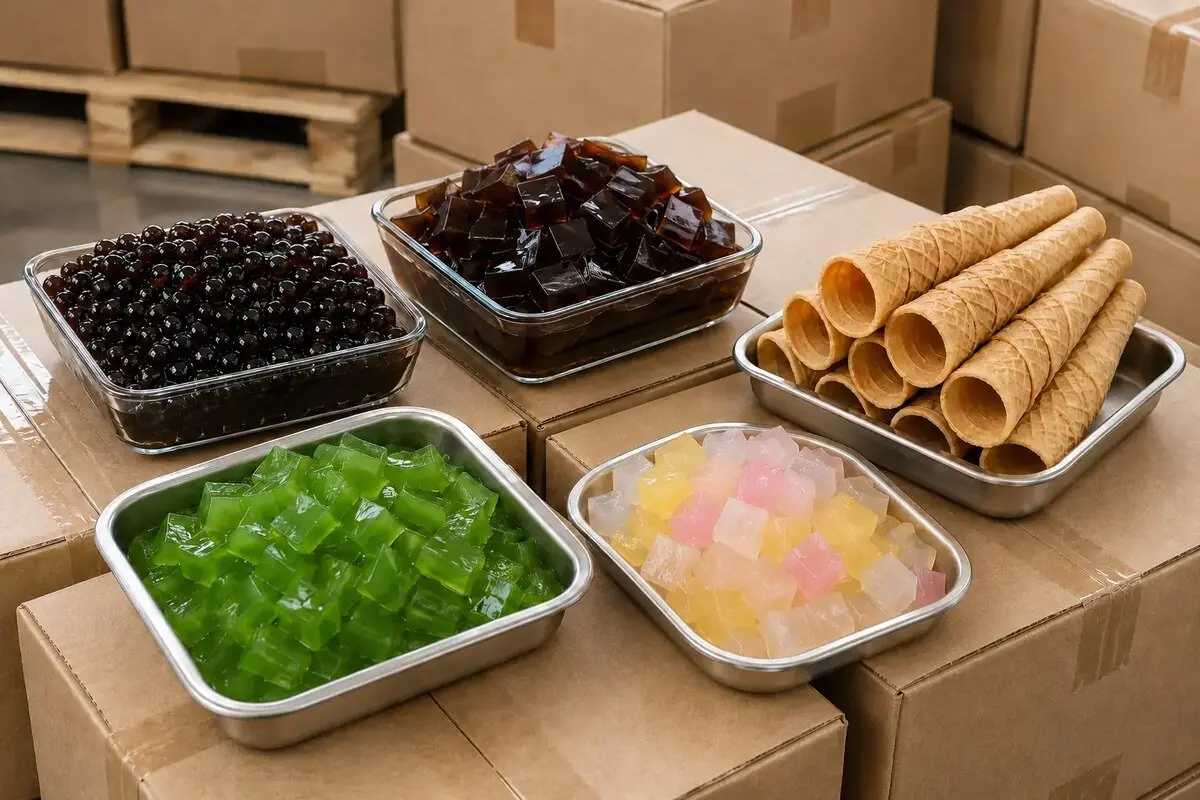 Tapioca pearls, jellies, and wafer cones arranged for commercial supply